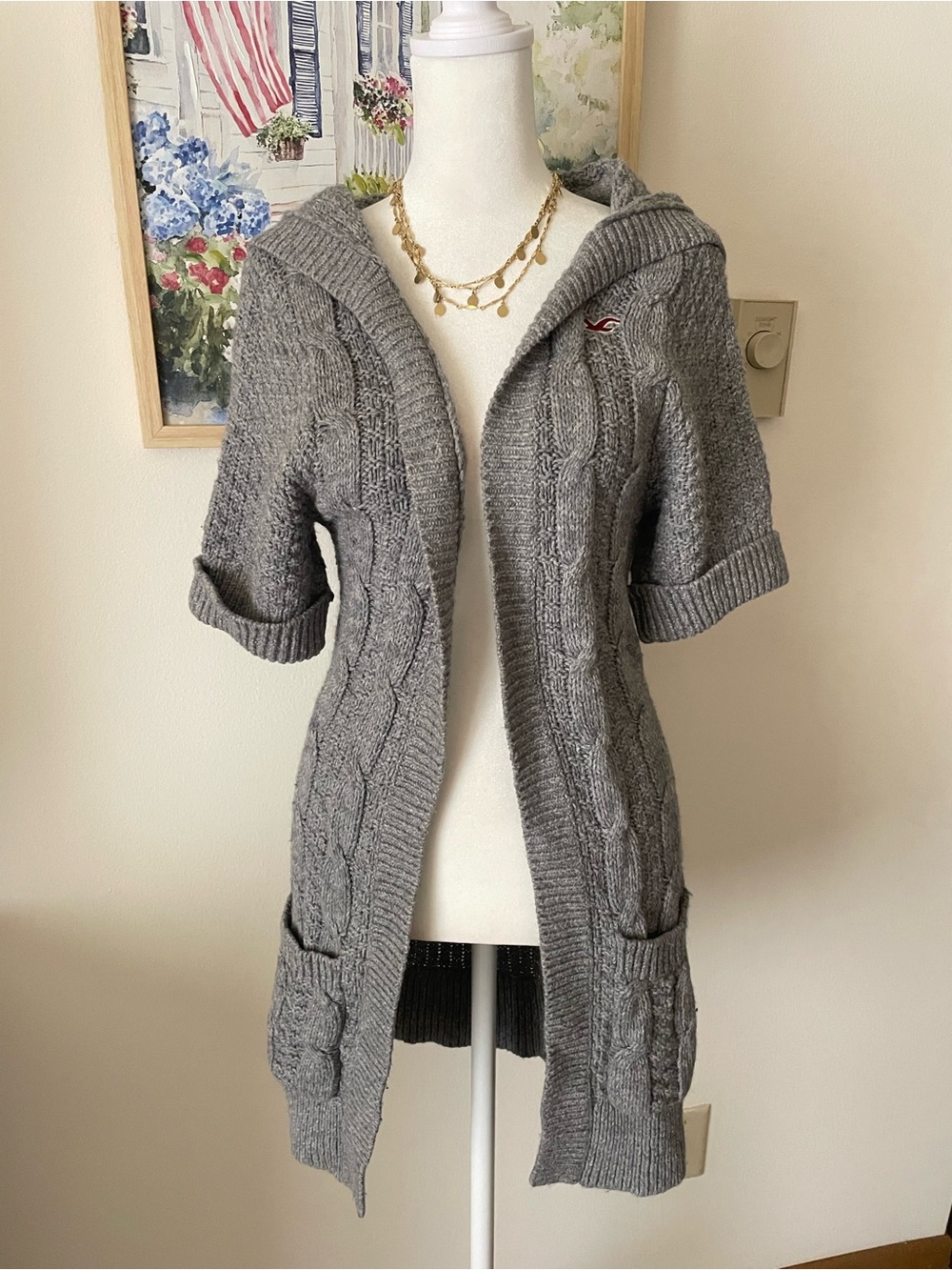 Hollister Vintage Y2K Chunky Cable Knit Hooded Duster Cardigan Sweater Small